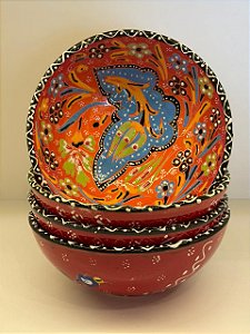 Bowl - Cerâmica - Turquia - Pintura Alto Relevo - Tamanho Grande - Vermelho e Colorido
