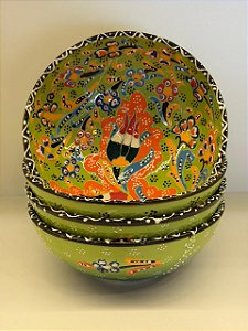 Bowl - Cerâmica - Turquia - Pintura Alto Relevo - Tamanho Grande - Verde Claro e Colorido