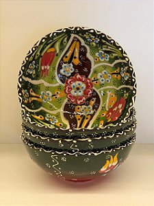 Bowl - Cerâmica - Turquia - Pintura Alto Relevo - Tamanho Grande - Verde Escuro e Colorido