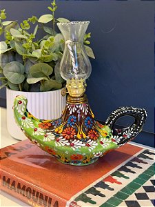 Lâmpada Mágica Turca - Decorativa - Cerâmica - Pintura Alto Relevo - Verde, Marrom e Colorido