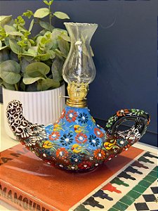 Lâmpada Mágica Turca - Decorativa - Cerâmica - Pintura Alto Relevo - Azul, Marrom e Colorido