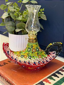 Lâmpada Mágica Turca - Decorativa - Cerâmica - Pintura Alto Relevo - Verde, Vermelho e Colorido