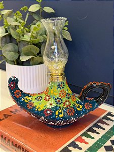 Lâmpada Mágica Turca - Decorativa - Cerâmica - Pintura Alto Relevo - Verde e Colorido