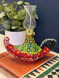 Lâmpada Mágica Turca - Decorativa - Cerâmica - Pintura Alto Relevo - Vermelho, Verde e Colorido