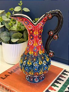 Jarra Decorativa Turca - Cerâmica - Pintura Alto Relevo - Vermelho, Verde e Colorido