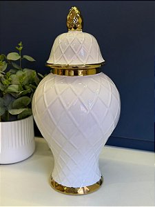 Potiche - Cerâmica - Branco e Dourado - 40CM