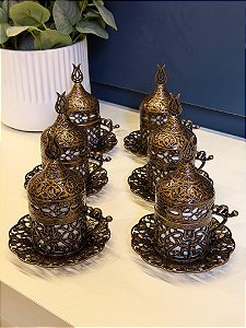 Jogo de Xícaras Turca - Metal - Cerâmica - Cobre Envelhecido