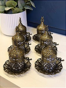 Jogo de Xícaras Turca - Metal - Cerâmica - Dourado Envelhecido