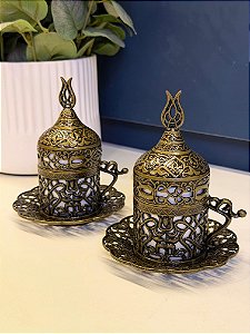 Par de Xícaras Turca - Metal - Cerâmica - Dourado Envelhecido