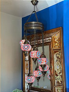 Luminária de Teto Turca 7 Globos Média Vermelho e Azul