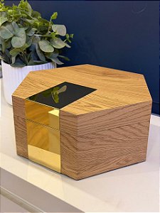 Caixa Decorativa - Madeira - Porta Joias - Marrom e Dourado - 30X26CM