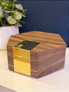 Caixa Decorativa - Madeira - Porta Joias - Marrom e Dourado - 25X22CM