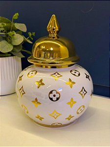 Potiche - Branco e Dourado - Cerâmica - 26cm