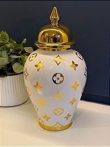 Potiche - Branco e Dourado - Cerâmica - 37cm