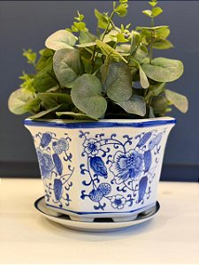 Cachepot em Cerâmica - Azul e Branco - 20CM