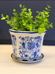 Cachepot em Cerâmica - Azul e Branco - 16CM