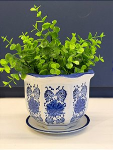 Cachepot em Cerâmica - Azul e Branco - 15CM