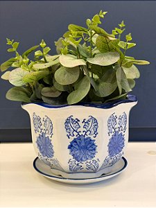 Cachepot em Cerâmica - Azul e Branco - 20CM