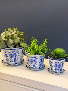 Kit Cachepot em Cerâmica - 3 Peças - Azul e Branco