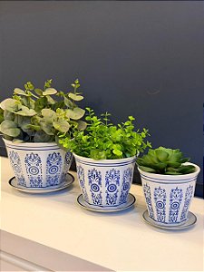 Kit Cachepot em Cerâmica - 3 Peças - Azul e Branco