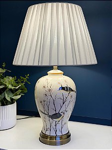 Abajur - Cerâmica - Off White - Flores e Pássaros - com Cúpula