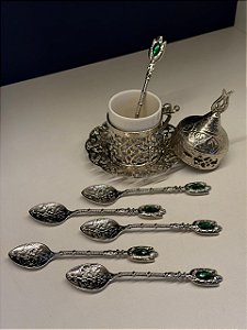 Jogo de Colheres - Turcas - Metal - Prata e Verde