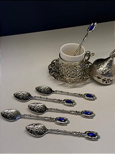 Jogo de Colheres - Turcas - Metal - Prata e Azul