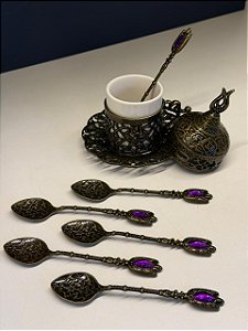 Jogo de Colheres - Turcas - Metal - Dourado Envelhecido e Roxo