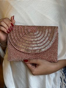 Bolsa Clutch - Tecido - Miçangas - Rosa Claro