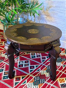 Mesa - Pé de Elefante - Madeira - 43cm - Marchetado em Metal- Marrom e Dourado