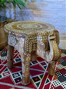Banqueta - Elefante - Pintado à Mão - Madeira e Branco - 38cm