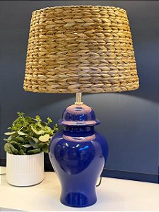 Abajur - Cerâmica - Azul Bic com Cúpula de Palha