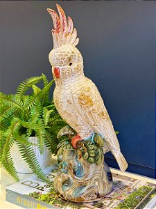 Escultura Cacatua - Decorativa - Cerâmica - Branca e Colorido