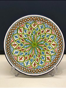 Prato de Parede Grande - Tunísia - Decorativo - Cerâmica - Pintado à mão - Verde e Colorido