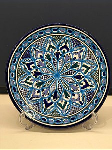 Prato de Parede Grande - Tunísia - Decorativo - Cerâmica - Pintado à mão - Azul, Verde e Lilás