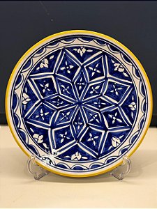 Prato de Parede Médio - Tunísia - Decorativo - Cerâmica - Pintado à mão - Azul, Amarelo