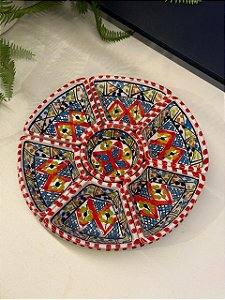 Petisqueira com Prato - Cerâmica - Tunísia - Pintado à mão - Vermelho e Colorido