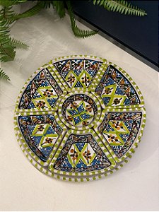 Petisqueira com Prato - Cerâmica - Tunísia - Pintado à mão - Verde e Colorido