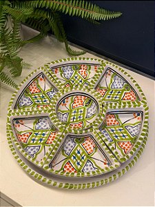 Petisqueira com Prato - Cerâmica - Tunísia - Pintado à mão - Verde Claro e Colorido