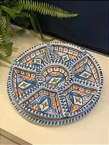 Petisqueira com Prato - Cerâmica - Tunísia - Pintado à mão - Azul Claro e Colorido