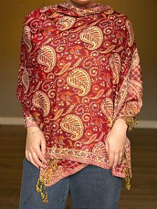 Pashmina de Viscose - Estampada - Dupla Face - Vermelho e Bege