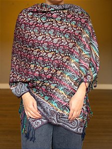 Pashmina de Viscose - Estampada - Dupla Face - Vinho e Colorido