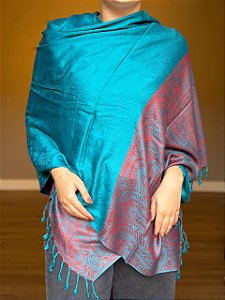 Pashmina de Viscose - Estampada - Turquesa e Vermelho