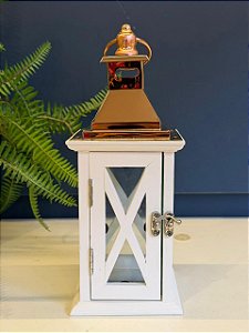 Lanterna - Madeira e Metal - Branco e Rose Gold - 25CM