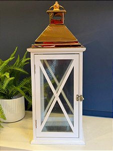 Lanterna - Madeira e Metal - Branco e Dourado - 57CM