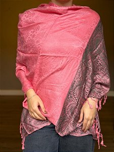 Pashmina de Viscose - Estampada - Rosa e Cinza Esverdeado