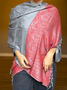 Pashmina de Viscose - Estampada - Cinza e Vermelho