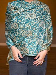 Pashmina de Viscose - Estampada - Dupla Face - Turquesa e Bege