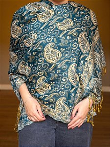 Pashmina de Viscose - Estampada - Dupla Face - Azul Oceano e Bege
