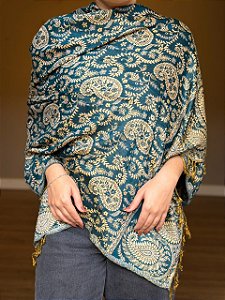 Pashmina de Viscose - Estampada - Dupla Face - Azul Oceano e Bege